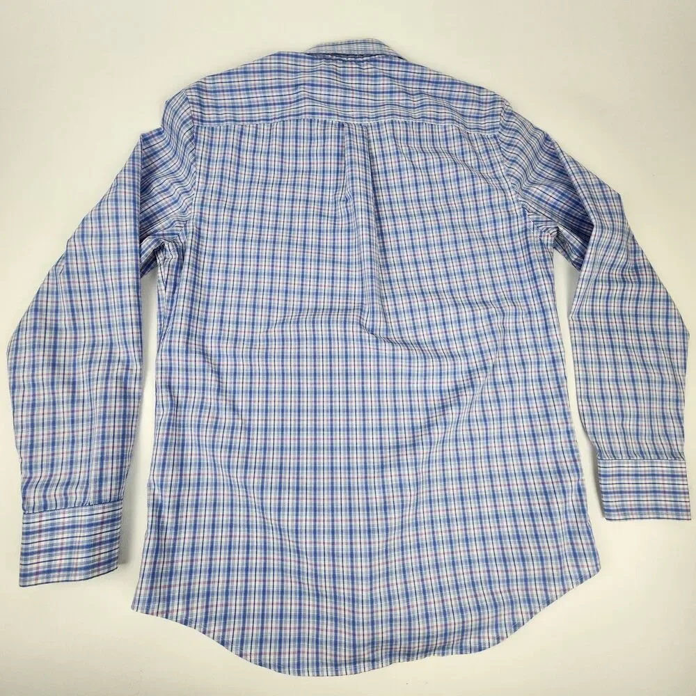 Banana Republic Mens M 15 15.5 Blue Pink Plaid Non Iron Slim Fit Dress Shirt